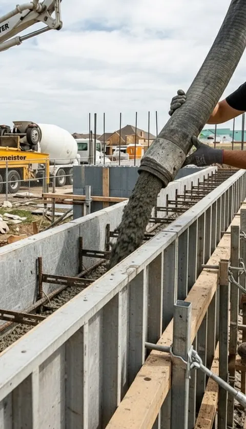 Pump hose placing concrete in basement foundation wall forms