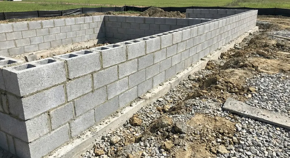 Concrete block foundation wall laid up in courses on a compacted gravel base