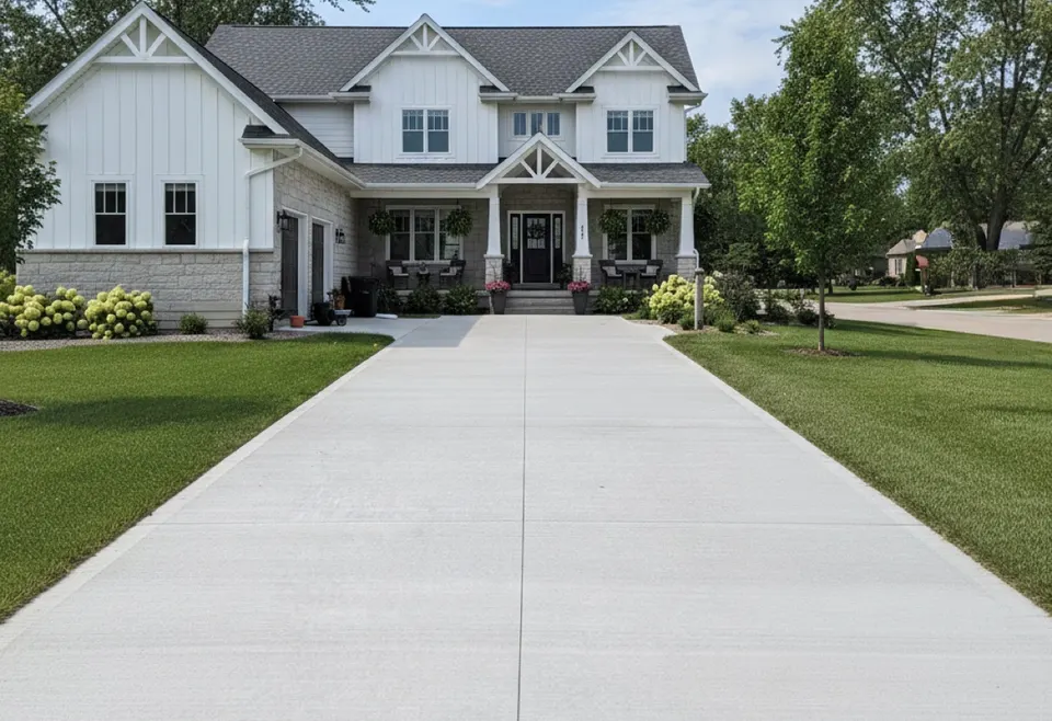 Wide broom-finish concrete driveway leading to the attached garage of a two-story home