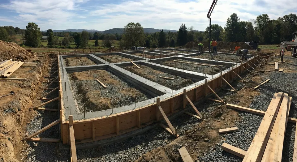 Footing forms and rebar set on compacted gravel before the pour on a new construction site