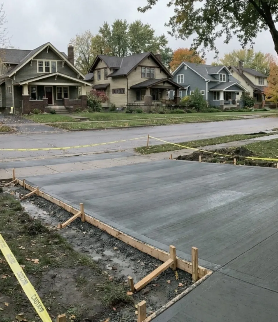 Driveway replacement with forms set in front of a craftsman-style home