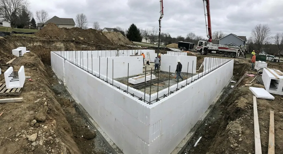 ICF foundation walls stacked, braced, and being filled by a concrete pump truck on a new home site