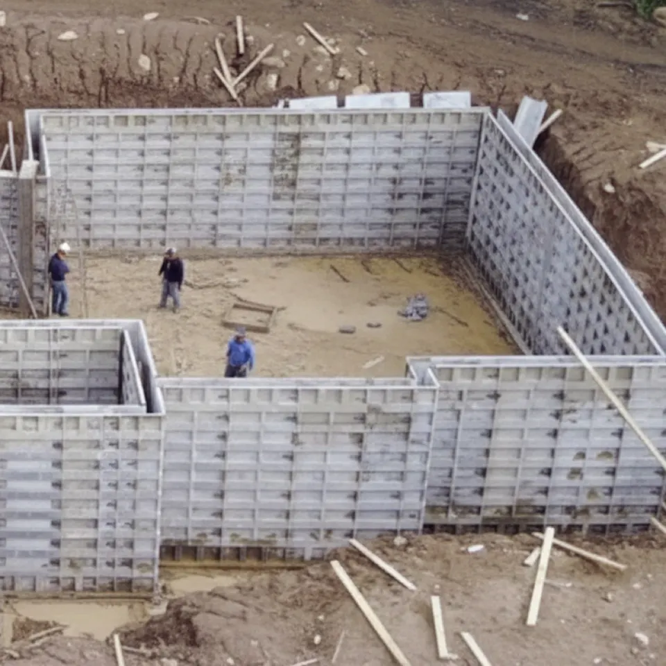 Poured concrete foundation wall forms set and braced, seen from above
