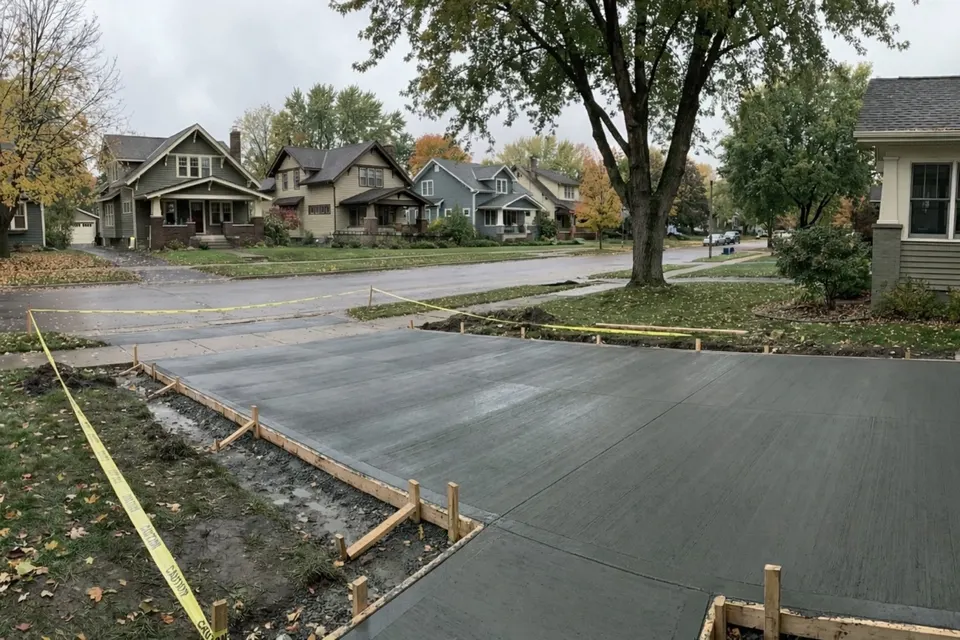 Residential driveway freshly poured with forms still on