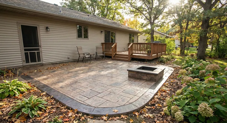 Stamped concrete patio with a fire pit behind a home