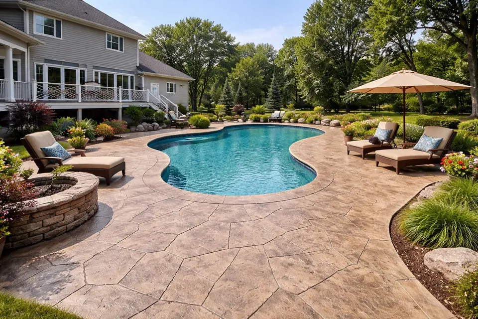 Stamped concrete pool deck around a backyard pool